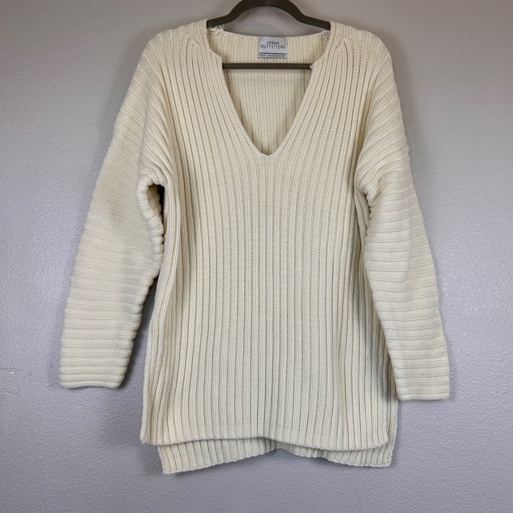 Urban Outfitters Cream Ribbed V-Neck Cotton Oversized Tunic Sweater XS